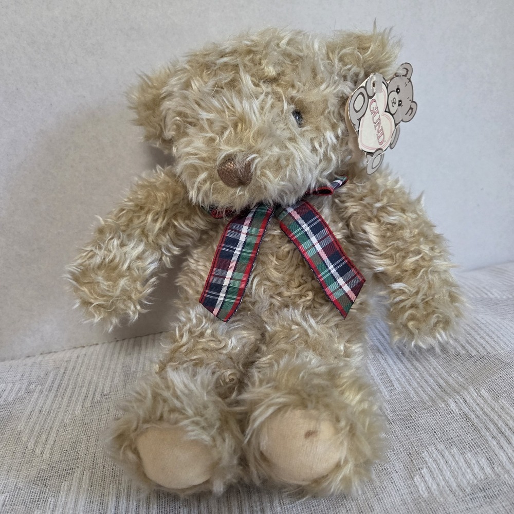 Gund Teddy Bear "Wuzzy" Vintage 1990 Wuth Tag Curly Tan Plush Plaid Bow 10.5"